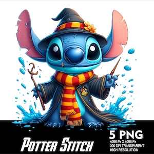 May include: A blue Stitch character dressed as a wizard with a pointed hat, a long black robe, and a yellow and orange scarf. Stitch is holding a wand and is surrounded by blue water droplets.