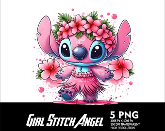 5 PNG Girl Stitch Angel Splash and Watercolor Transparent PNG file for Sublimation 300Dpi High Resolution PNG Girl Angel Stitch Design
