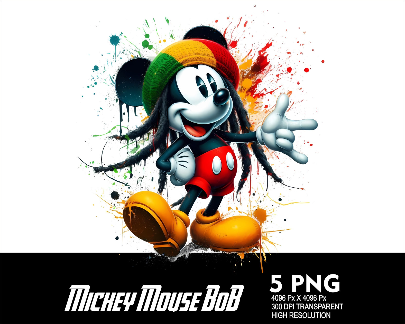 Smicky Rasta 5 PNG Mouse Bob M. Style Splash Transparent PNG File for Sublimation ...