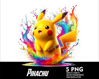 5 PNG Pikachu Splash and Watercolor Transparent Png file for Sublimation 300Dpi High Resolution Png DTG Design Png Pika Pikachu Design