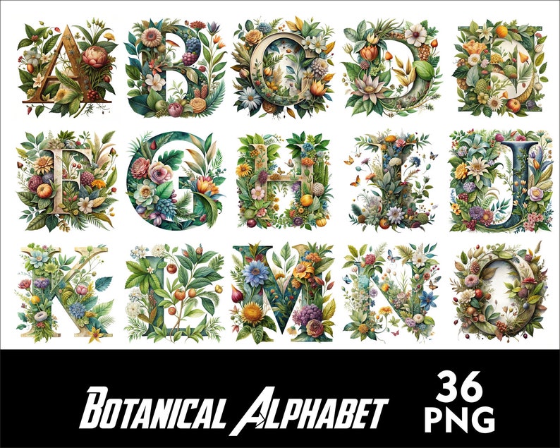 Botanical Alphabet Flowers Font PNG Letters Floral Letters Sublimation ...