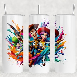 May include: Three white tumblers with a colorful design featuring characters from the Toy Story movie franchise. The design includes Woody, Jessie, Rex, and Buzz Lightyear. The characters are surrounded by colorful paint splatters.