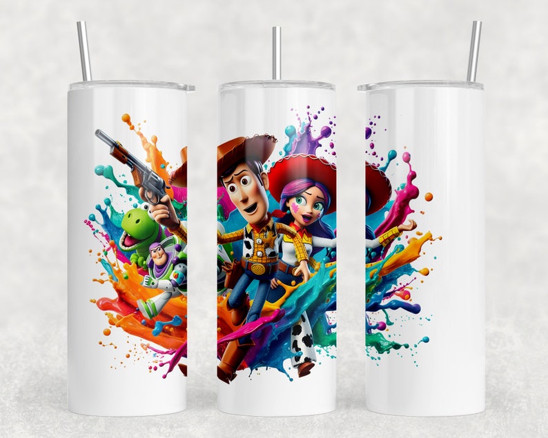 May include: Three white tumblers with a colorful design featuring characters from the Toy Story movie franchise. The design includes Woody, Jessie, Rex, and Buzz Lightyear. The characters are surrounded by colorful paint splatters.