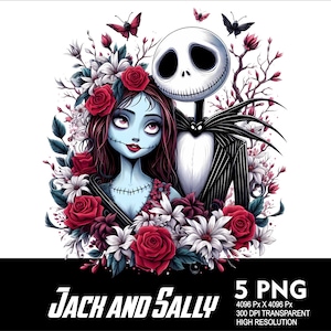 5 PNG Jack y Sally Flowers Splash Archivo PNG transparente para sublimación 300Dpi Alta resolución PNG Descargar archivos Diseño de Halloween