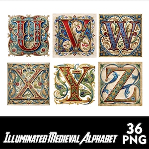 May include: Six illustrated medieval alphabet letters, U, V, W, X, Y, and Z, in a decorative, ornate style. Each letter is surrounded by intricate floral designs and gold accents. The letters are set against a parchment-like background.
