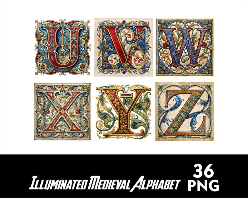 May include: Six illustrated medieval alphabet letters, U, V, W, X, Y, and Z, in a decorative, ornate style. Each letter is surrounded by intricate floral designs and gold accents. The letters are set against a parchment-like background.