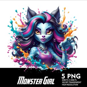 Op de afbeelding: Een digitale illustratie van een blauwhuidige monstermeisje met roze en blauw haar, die een paarse tanktop en een zilveren ketting draagt. Ze is omringd door kleurrijke verfspatten.