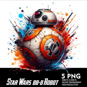 May include: A digital illustration of BB-8, a spherical droid from the Star Wars franchise, with orange and white panels. The droid is surrounded by colorful paint splatters on a white background.