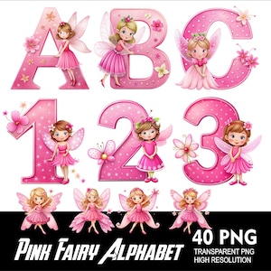 Alphabet féerique rose police fée Tinker PNG Fête des filles lettres et chiffres pour sublimation police PNG fée