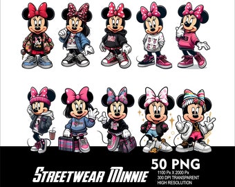 Bundle 50 PNG Mouse Girl Streetwear Transparent PNG file for Sublimation 300Dpi High Resolution PNG Download Files Minnie Girl
