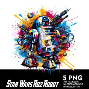 Puede incluir: Una ilustraci&oacute;n colorida de un robot R2-D2 de Star Wars con un fondo de salpicaduras de pintura de colores vibrantes azul, amarillo, rojo y verde. El robot est&aacute; en el centro de la imagen y est&aacute; rodeado de salpicaduras de pintura.