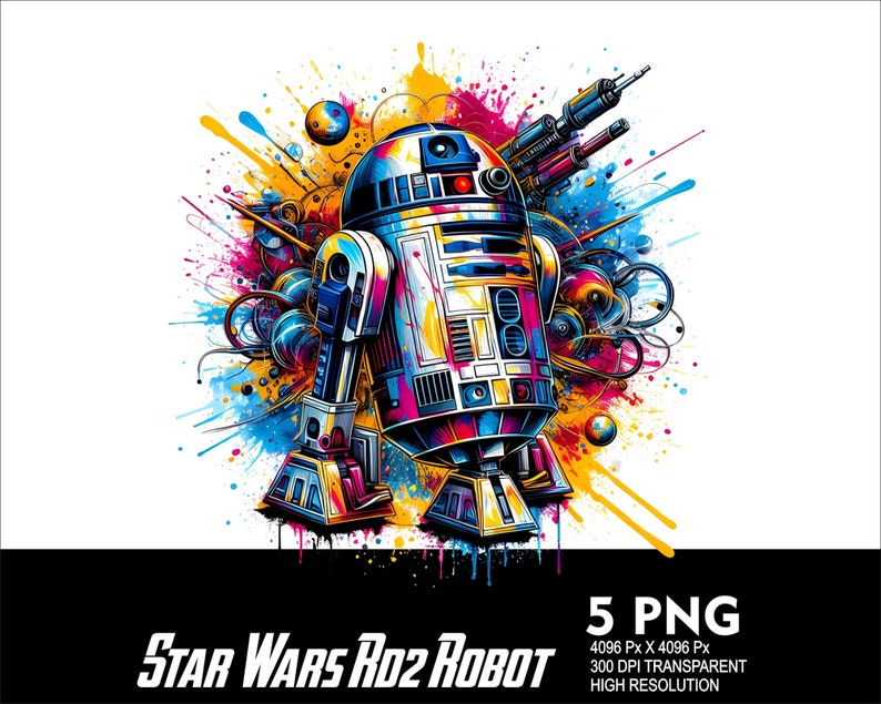 Puede incluir: Una ilustraci&oacute;n colorida de un robot R2-D2 de Star Wars con un fondo de salpicaduras de pintura de colores vibrantes azul, amarillo, rojo y verde. El robot est&aacute; en el centro de la imagen y est&aacute; rodeado de salpicaduras de pintura.