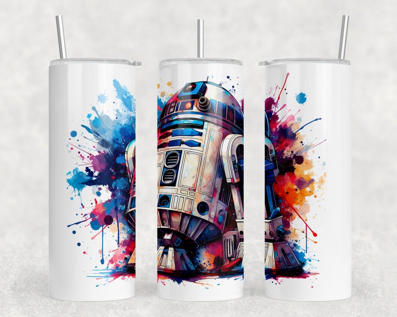 Puede incluir: Un vaso de acero inoxidable blanco con un dise&ntilde;o de acuarela colorido que presenta a R2-D2, un personaje popular de la franquicia Star Wars.