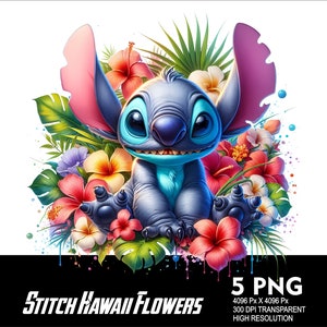 5 PNG Stitch Hawaii Flowers Splash and Watercolor Transparent PNG file for Sublimation 300Dpi High Resolution PNG Download Stitch Flowers