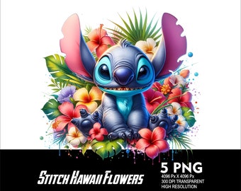 5 PNG Stitch Hawaii Flowers Splash and Watercolor Transparent PNG file for Sublimation 300Dpi High Resolution PNG Download Stitch Flowers