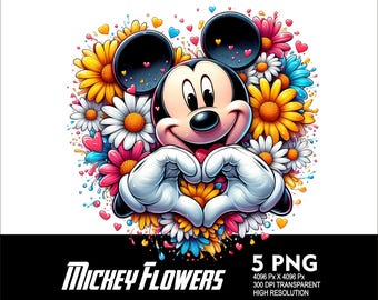 5 PNG Mickey Corazón Flores Salpicaduras y Acuarela Archivo PNG Transparente para Sublimación 300Dpi Alta Resolución PNG Diseño DTG Mickey flores