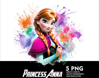 5 PNG Princess Anna Splash and Watercolor Transparent PNG file for Sublimation 300Dpi High Resolution Png DTG Design Princess Anna