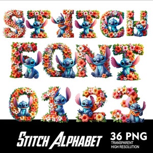 Stitch Flowers Alphabet Stitch Font PNG Hawaii-Schrift und Zahlen für Sublimation PNG Stitch Flower Font