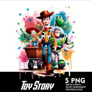 Pu&ograve; includere: Un'illustrazione ad acquerello dei personaggi di Toy Story, Woody, Buzz Lightyear, Jessie e Rex. I personaggi sono in piedi davanti a uno sfondo colorato con schizzi di vernice. Il testo "Toy Story" &egrave; scritto in grandi lettere nella parte inferiore dell'immagine.