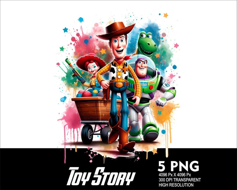 Pu&ograve; includere: Un'illustrazione ad acquerello dei personaggi di Toy Story, Woody, Buzz Lightyear, Jessie e Rex. I personaggi sono in piedi davanti a uno sfondo colorato con schizzi di vernice. Il testo "Toy Story" &egrave; scritto in grandi lettere nella parte inferiore dell'immagine.