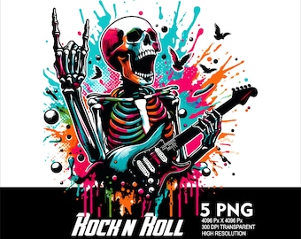 May include: A colorful illustration of a skeleton playing a guitar with a rock and roll theme. The skeleton is wearing a colorful paint splatter design. The text "Rock N Roll" is at the bottom of the image.