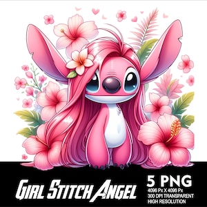 5 PNG Girl Stitch Angel Hawaii Flowers Transparent PNG file for Sublimation 300Dpi High Resolution PNG Girl Angel Stitch Design