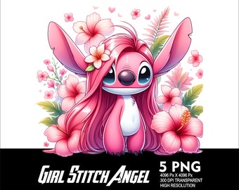 5 PNG Girl Stitch Angel Hawaii Flowers Transparent PNG file for Sublimation 300Dpi High Resolution PNG Girl Angel Stitch Design