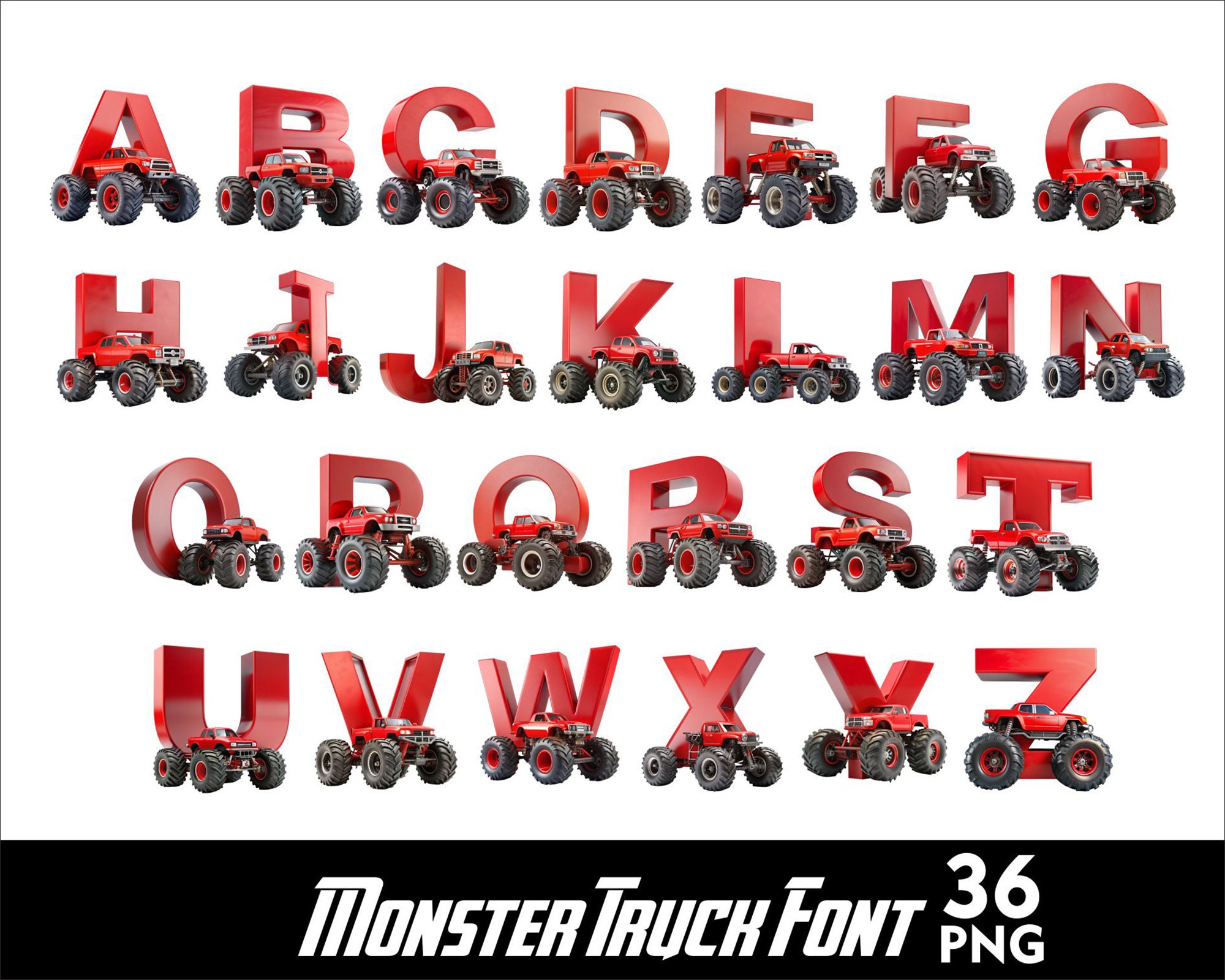 Trick Lettering Monster Truck Red Alphabet Font PNG Monster Truck Letters and Numbers ...