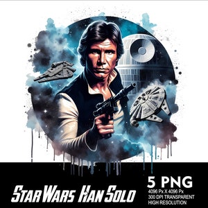 Op de afbeelding: Een digitale illustratie van Han Solo uit Star Wars. Hij houdt een blaster vast en staat voor de Millennium Falcon en de Death Star. De achtergrond is een blauwe en witte aquarelwas.