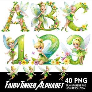 Alphabet fée Tinker, police de caractères PNG fée, fête des filles, lettres et chiffres pour sublimation, police de caractères PNG Fairy