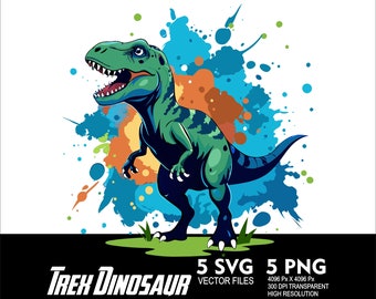 May include: A green Tyrannosaurus Rex dinosaur with a blue and orange watercolor background. The dinosaur is standing on a patch of green grass. The text "TREX DINOSAUR" is at the bottom of the image.