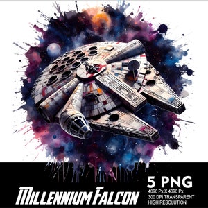 5 PNG de StarWars Millennium Falcon Splash y acuarela, archivo Png transparente para sublimación, 300 ppp, alta resolución, Png, diseño DTG, Png