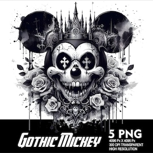 Puede incluir: Ilustración digital en blanco y negro de una calavera con orejas de Mickey Mouse que lleva una corona con arquitectura gótica. La calavera tiene huesos cruzados en sus cuencas de los ojos y está rodeada de rosas.