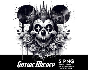 5 PNG ゴシックミッキー PNG かわいいダークマウスデザイン スプラッシュと水彩画 透明PNG昇華 300Dpi 高解像度ゴシックデザイン