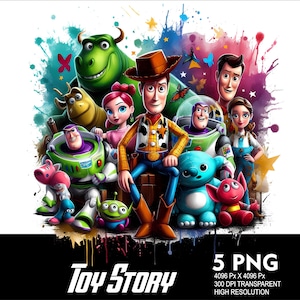 Pu&ograve; includere: Un'illustrazione digitale colorata dei personaggi di Toy Story, tra cui Woody, Buzz Lightyear, Jessie e Rex. I personaggi sono circondati da uno sfondo in stile acquerello con schizzi di rosa, blu e verde. Il testo "Toy Story" &egrave; scritto in lettere bianche nella parte inferiore dell'immagine.