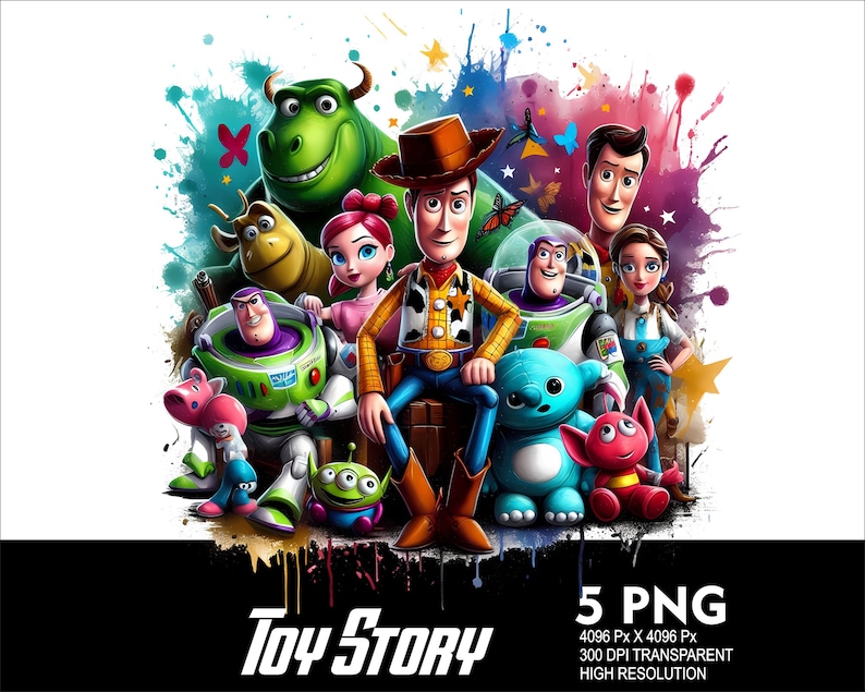 Pu&ograve; includere: Un'illustrazione digitale colorata dei personaggi di Toy Story, tra cui Woody, Buzz Lightyear, Jessie e Rex. I personaggi sono circondati da uno sfondo in stile acquerello con schizzi di rosa, blu e verde. Il testo "Toy Story" &egrave; scritto in lettere bianche nella parte inferiore dell'immagine.