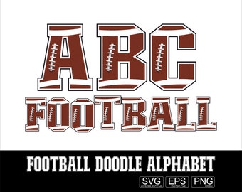 Peut inclure: Lettres de l'alphabet en forme de ballon de football marron et blanc, épellées "ABC FOOTBALL" dans un style doodle. Les lettres sont soulignées de noir et ont un motif de ballon de football cousu.