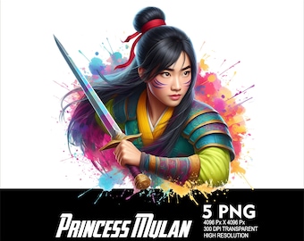 5 PNG Princess Mulan Splash and Watercolor Transparent PNG file for Sublimation 300Dpi High Resolution PNG DtG Design Princess Mulan