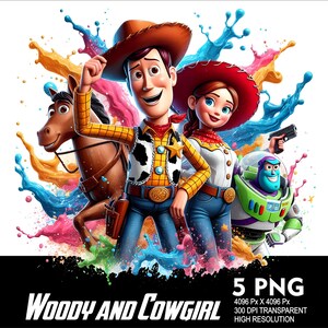 May include: A colorful digital illustration of Woody and Jessie from Toy Story. Woody is wearing his signature cowboy hat and vest, while Jessie is wearing her red hat and blue jeans. Buzz Lightyear is also in the image, holding a laser gun. The background is a colorful splatter of paint.