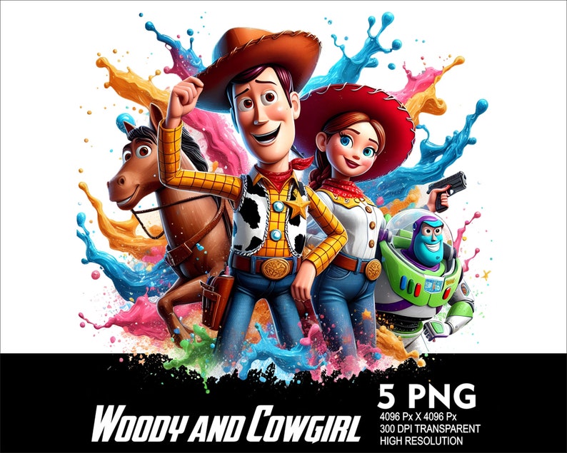 May include: A colorful digital illustration of Woody and Jessie from Toy Story. Woody is wearing his signature cowboy hat and vest, while Jessie is wearing her red hat and blue jeans. Buzz Lightyear is also in the image, holding a laser gun. The background is a colorful splatter of paint.