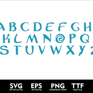 May include: A blue alphabet with a swirl design in place of the letter 'O'. The alphabet is displayed on a white background. Below the alphabet are the words 'SVG', 'EPS', 'PNG', and 'TTF' with their corresponding file types listed below. The words 'VECTOR CUT FILE', 'VECTOR FILE', 'TRANSPARENT 300DPI', and 'FONT FILE' are listed below the file types.