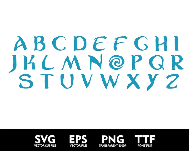 May include: A blue alphabet with a swirl design in place of the letter 'O'. The alphabet is displayed on a white background. Below the alphabet are the words 'SVG', 'EPS', 'PNG', and 'TTF' with their corresponding file types listed below. The words 'VECTOR CUT FILE', 'VECTOR FILE', 'TRANSPARENT 300DPI', and 'FONT FILE' are listed below the file types.