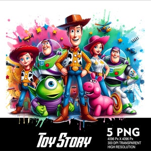 Pu&ograve; includere: Un'illustrazione digitale colorata dei personaggi di Toy Story: Woody, Buzz Lightyear, Jessie, Rex e Alien. I personaggi sono in piedi davanti a uno sfondo colorato con vernice schizzata.