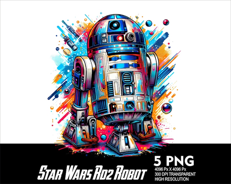 Puede incluir: Una ilustraci&oacute;n colorida de R2-D2, un robot de la franquicia Star Wars. El robot est&aacute; representado en un estilo vibrante con salpicaduras de color en el fondo.