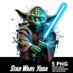 Pode incluir: Uma ilustração digital de Yoda de Star Wars empunhando um sabre de luz azul. O fundo é um padrão de respingos preto e branco.