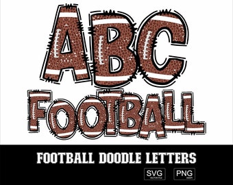 Peut inclure: Lettres doodle de football ABC en téléchargement numérique SVG et PNG. Les lettres sont brunes et blanches avec un motif de football.