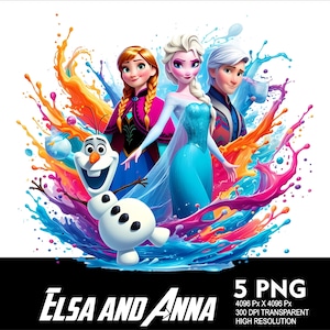 5 PNG Princess Elsa Anna Splash and Watercolor Transparent PNG file for Sublimation 300Dpi High Resolution Png DTG Design Princess Elsa
