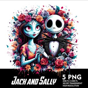5 PNG Jack y Sally Flowers Splash Archivo PNG transparente para sublimación 300 Dpi Alta resolución PNG Descargar archivos Diseño de Halloween