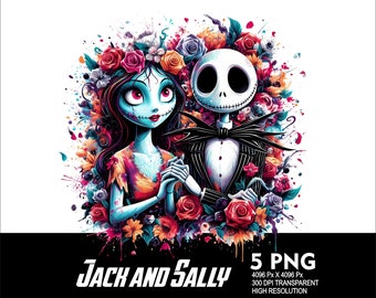 5 PNG Jack y Sally Flowers Splash Archivo PNG transparente para sublimación 300 Dpi Alta resolución PNG Descargar archivos Diseño de Halloween