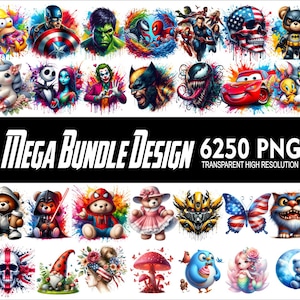 メガバンドル 6250 PNGデザインバンドル 漫画キャラクターPNG Tシャツマグカップタンブラーデザイン 300DPI高解像度透明PNG